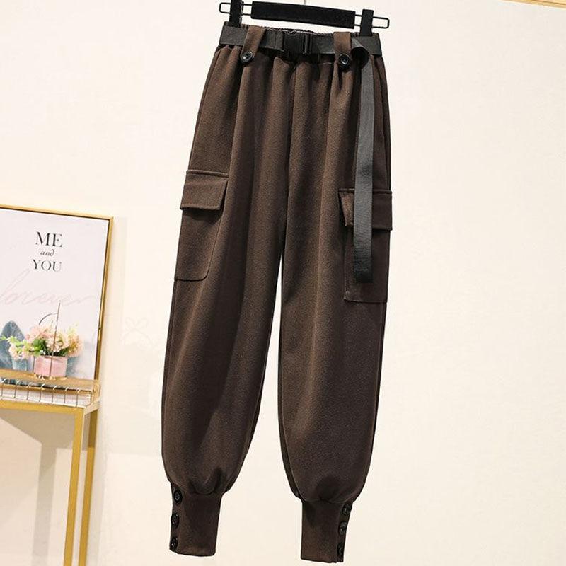 Women Casual Pants Large Size Warm Bundle Feet Pocket Elastic Waist Korean Style Chic Simple Harem Pants