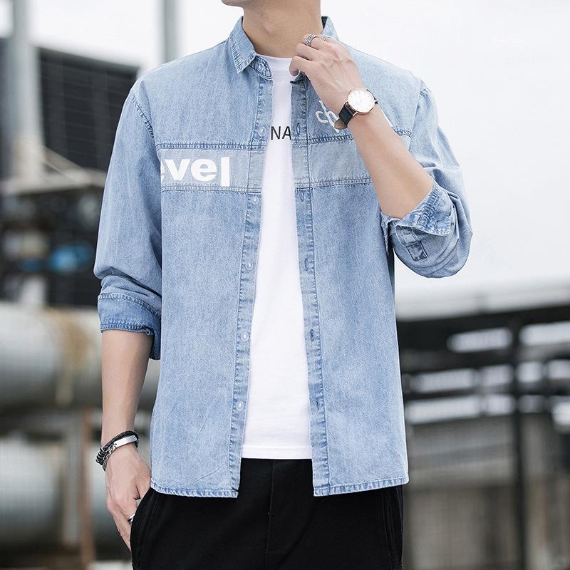 

Рубашка из чистого хлопкового денима с длинными рукавами, мужская свободная повседневная куртка-кардиган на весну и осень, модная городская трендовая текстурированная рубашка 4XL