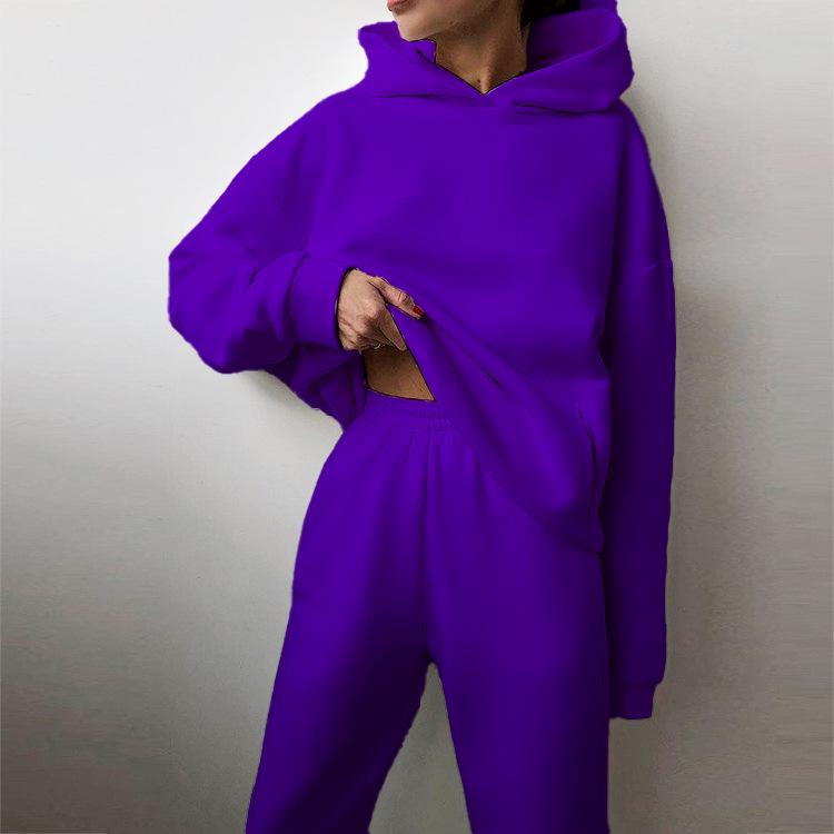 2026 Spring Women's European & American Solid Color Hoodie Sweatshirt & Long Pants Casual Streetwear Two-piece Set