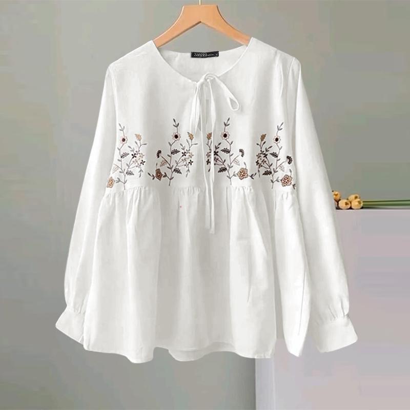 

ZANZEA Женские осенние блузки с V-образным вырезом и длинным рукавом с цветочным принтом XL белый