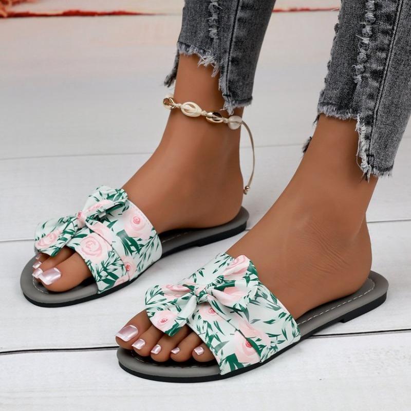 2025 Women's Clip Flip Flops Linen Ladies Floral Print Tongs Femme Bow Slippers Bohe Beach Shoes Straw Men's Flat Sandals Trends