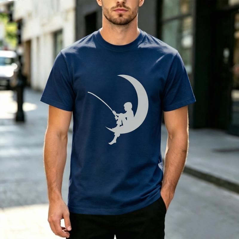 Trendy Dreamy Minimalist Night Sky Crescent Moon Fishing Boy Silhouette Graphic Tee Unisex Unisex Cotton Urban Daily Relax Casual