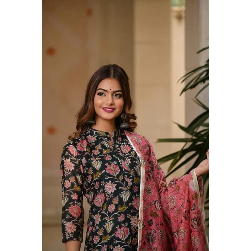 GoSriKi Women s Cotton Blend Straight Printed Kurta with Pant & Dupatta (Green-JORAV-GS_L_Green_Large) L зелёный