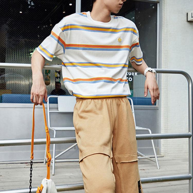Li Ning Cf Mars Sports Fashion Series Alien Relic Striped Loose Short Sleeve T-Shirt Men Tops Orange AHSR724-3