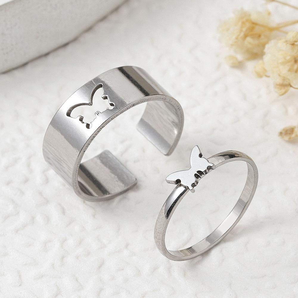 Specially Designed Stainless Steel Jewelry Cutting Heart Butterfly Couple Rings Fashion Simple Titanium Steel Ring Two-Piece Set