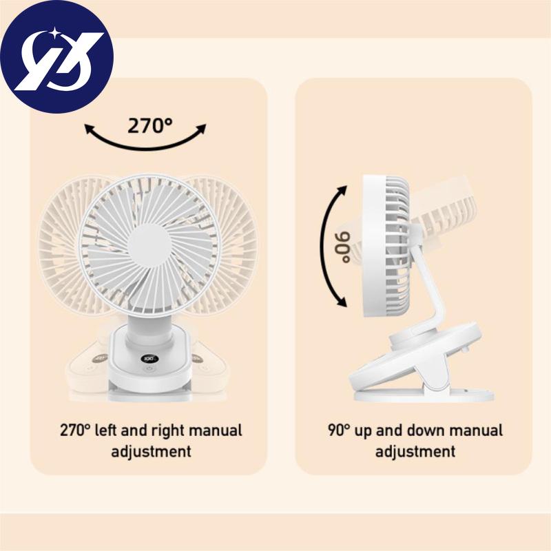 Mini ventilator cu clips, ventilator de birou puternic reîncărcabil prin USB, afișaj digital cu 3 viteze reglabile