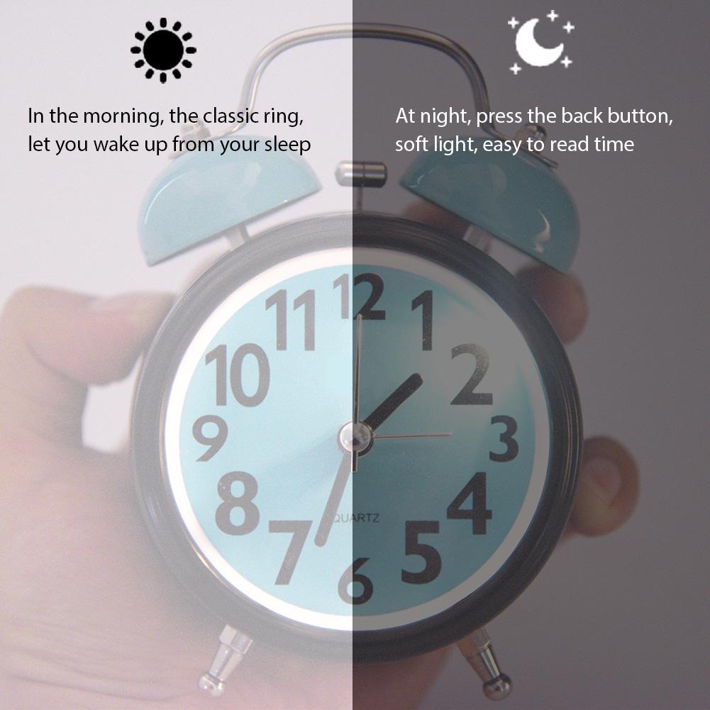 Double Bell Ultra Silent Mechanical Alarm Clock Quartz Movement Desk Table Night Watch(Blue)
