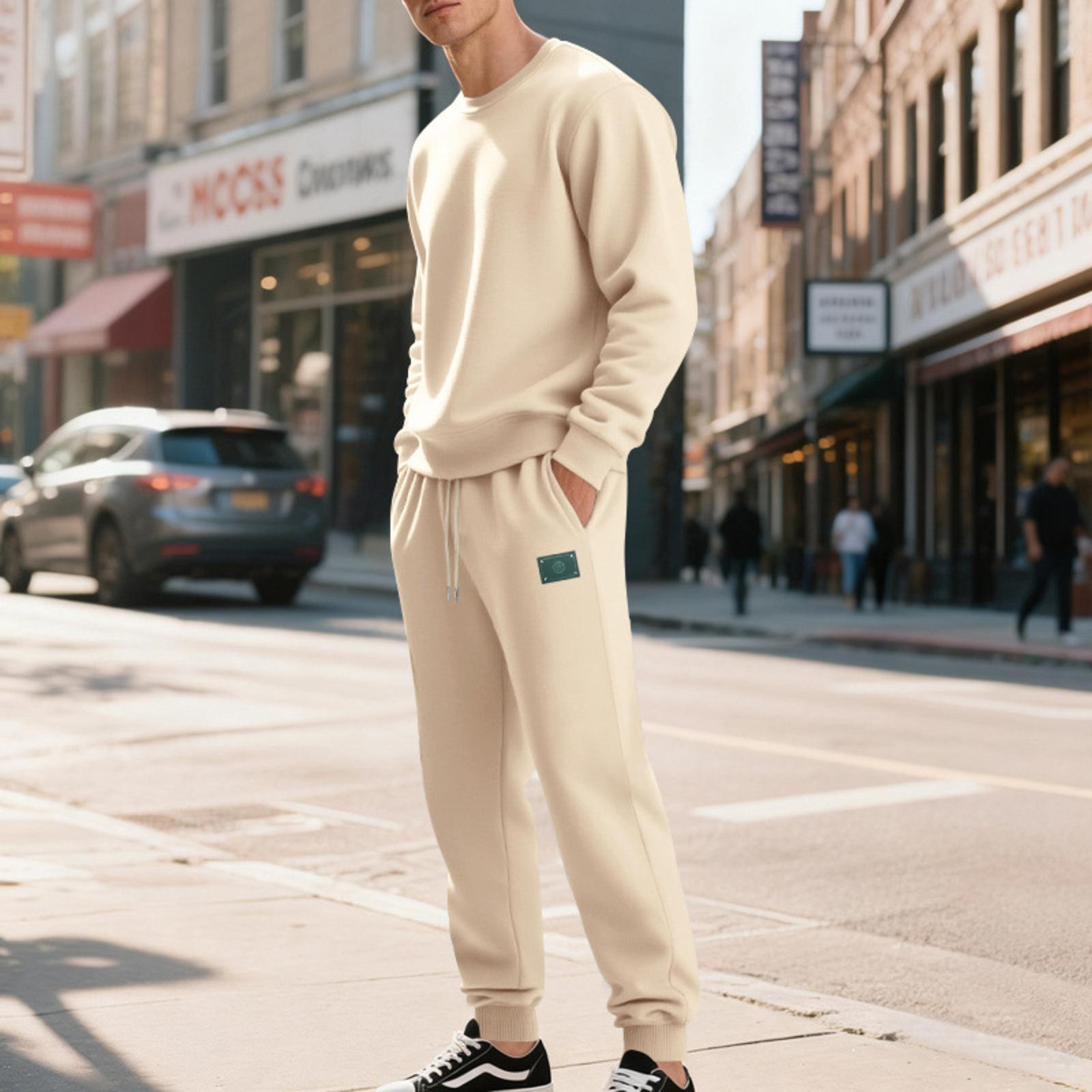 

Men s Solid Color Loose Casual Warm And Plush Casual Round Neck Sweatshirt Set XL хаки