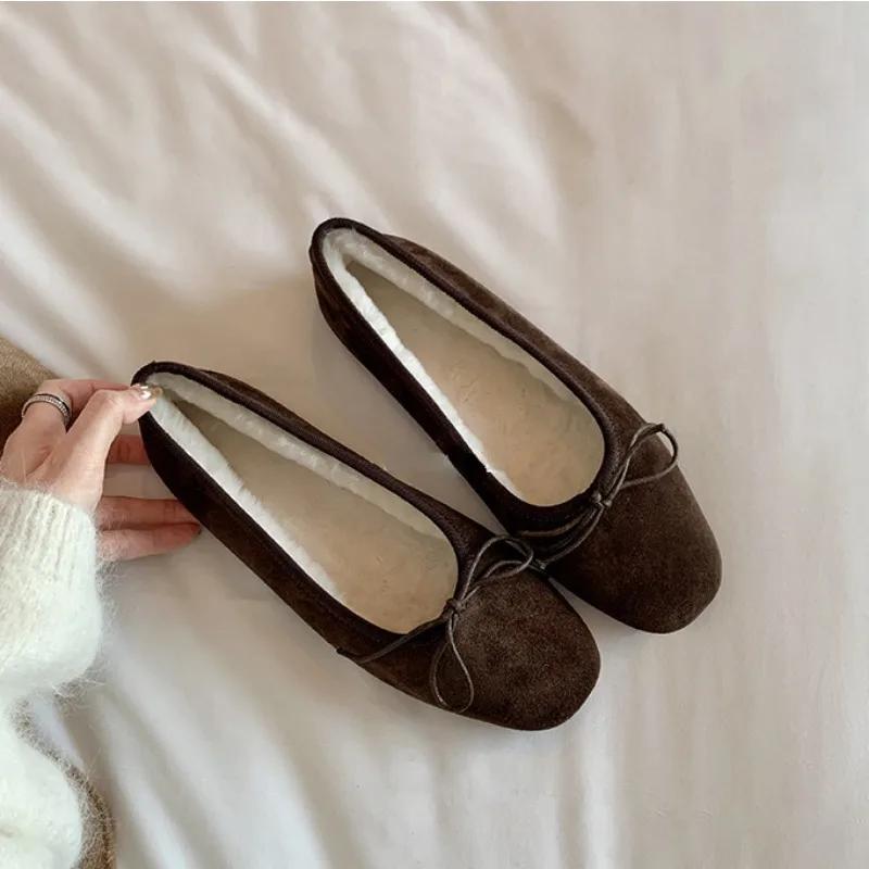 Winter Flat Bottom Cotton Womens Single Shoes New French Bow and Plush Ballet Shoes Pumps for Women Ladies Shoe Zapatos De Mujer