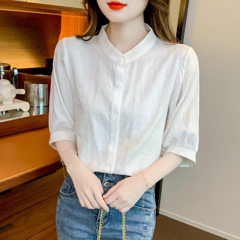 2024 Summer Women's Loose-Fit Pure Cotton Five-Sleeve Stand-Collar Top