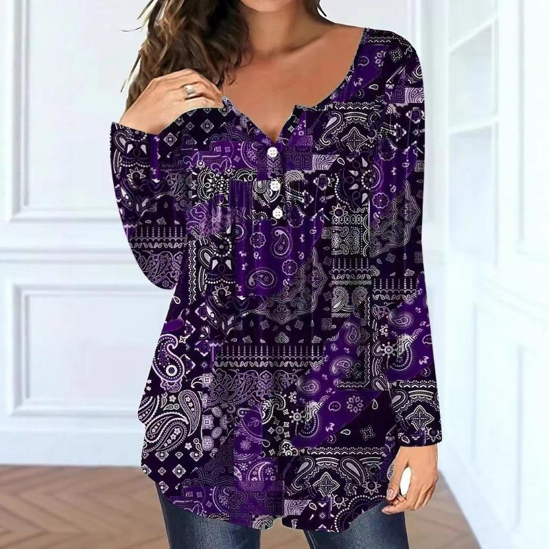 Women S Plus Size V Neck Long Sleeve Paisley Pattern Loose Fit T Shirt