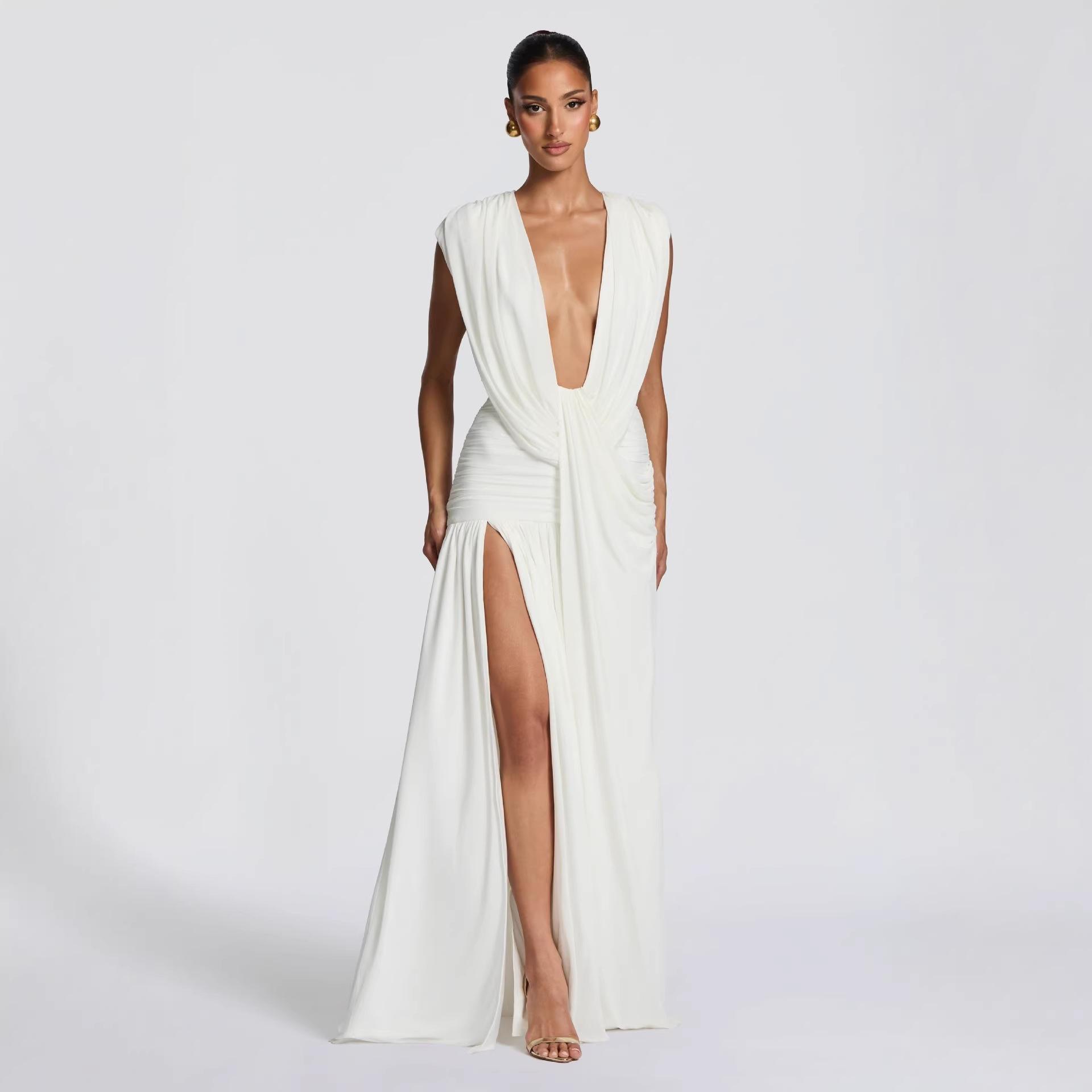 Women s European & American Deep V-Neck Irregular Pleated Dress Medium белый