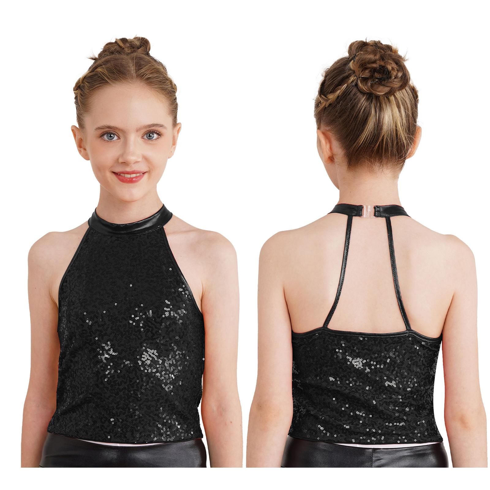 Top Crop Halter Senza Maniche e Senza Schiena con Paillettes Lucenti per Costume da Ballo Ginnastica 13-14 Years nero