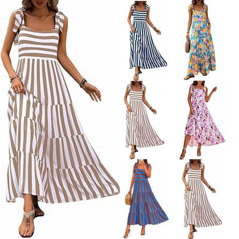 Dámské úzké šaty s popruhy a potiskem, bez rukávů, s kapsou na zip, vrstvené, boho, dlouhé plážové šaty