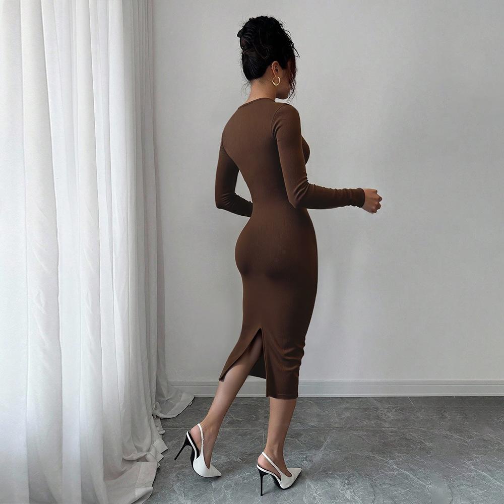 European and American Brown V-neck Dress Women's Spring and Autumn Chest Kink Design Slim Seven-quarter Sleeve Commuter Temperament Dress