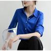 Royal Blue Loose Long Sleeve Turn Down Collar Single Breasted Casual Shirt For Women