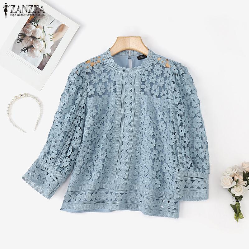 ZANZEA Womens Casual 3/4 Sleeve Loose Patchwork Lace Blouse