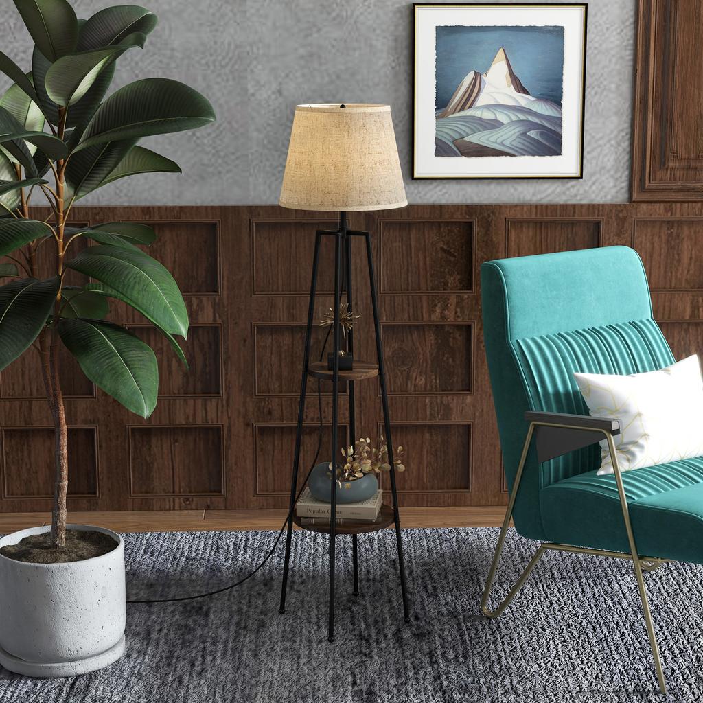 Two-Tier Metal and MDF Floor Lamp with Fabric Shade. 42x166cm. Black and Brown