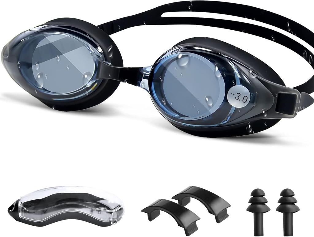 Air Rope Swimming Goggles for Kids and Adults Underwater Swimming Goggles with Nose Strap and UV Adjustable and Case Included (Black, -6.0), Earplugs,