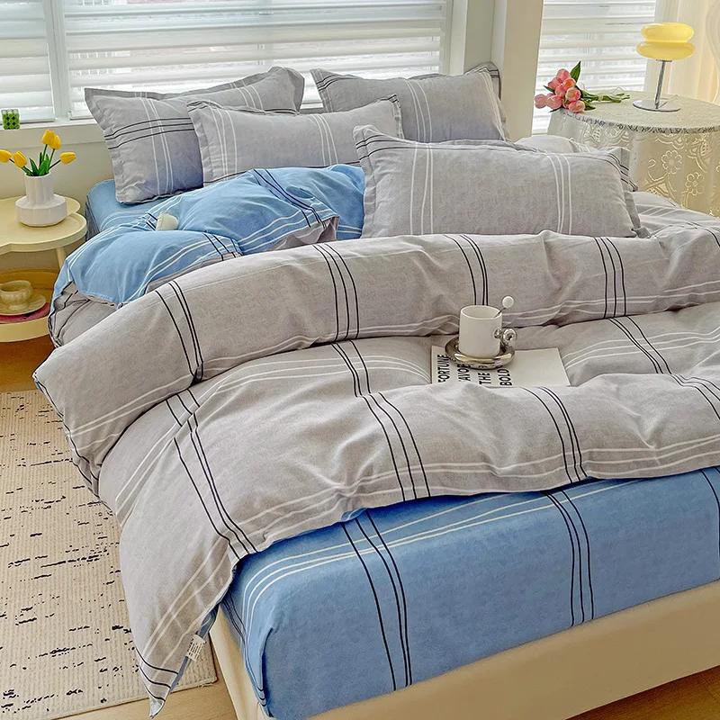 4 Piece, Cotton Bedding Set, 4 Piece Bed Sheet Comforter Set, Simple Striped Check Couple Bed Quilt Set