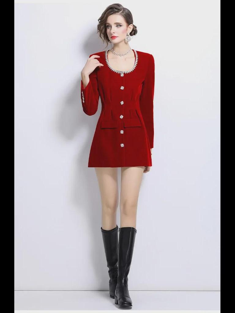 Elegant Velvet Dress with Red Rhinestone Accents