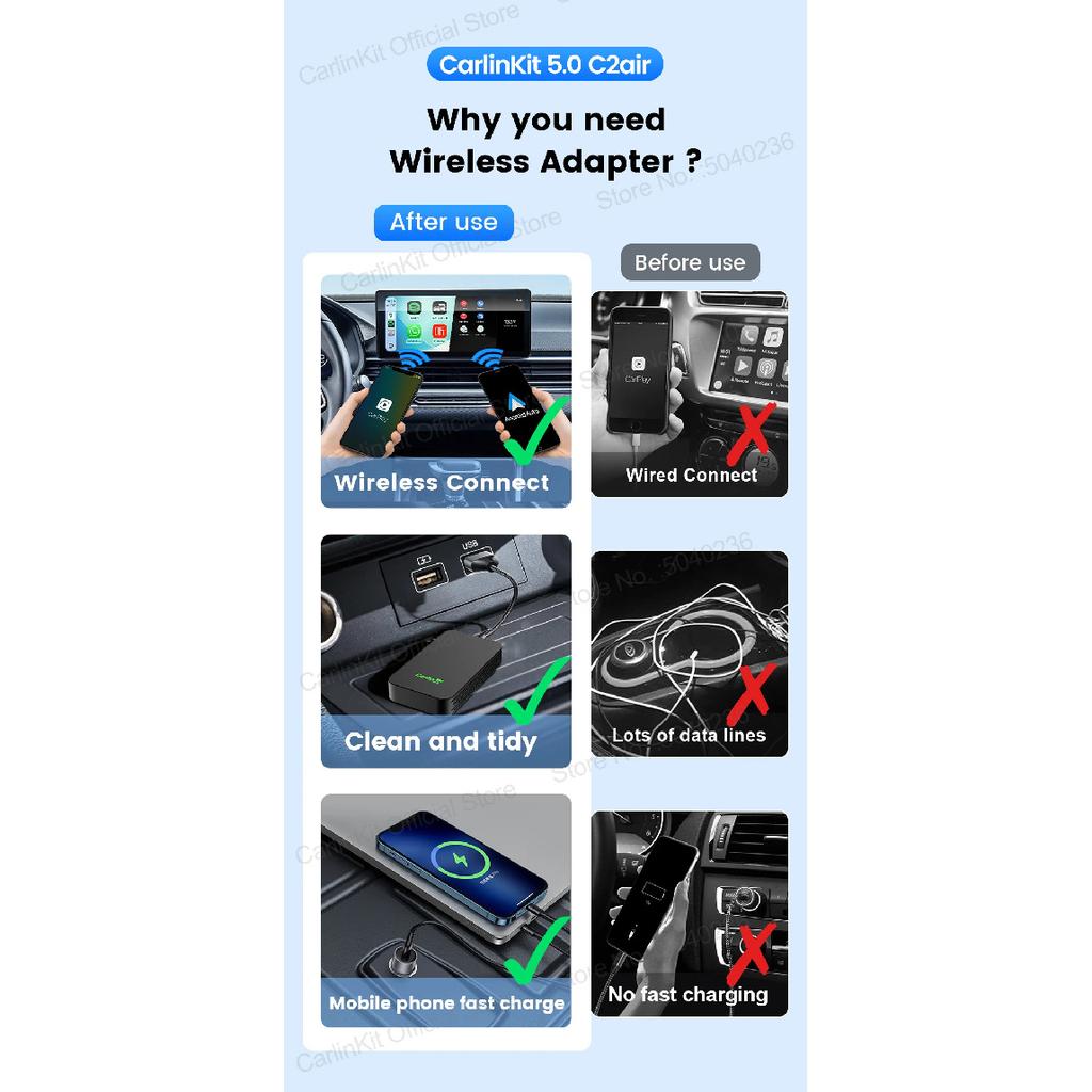 CarlinKit 5.0 C2Air Wireless Adapter Wireless CarPlay Android Auto Plug &Play 2.4Ghz&5.8Ghz WiFi BT Auto Connection For OEM Cars