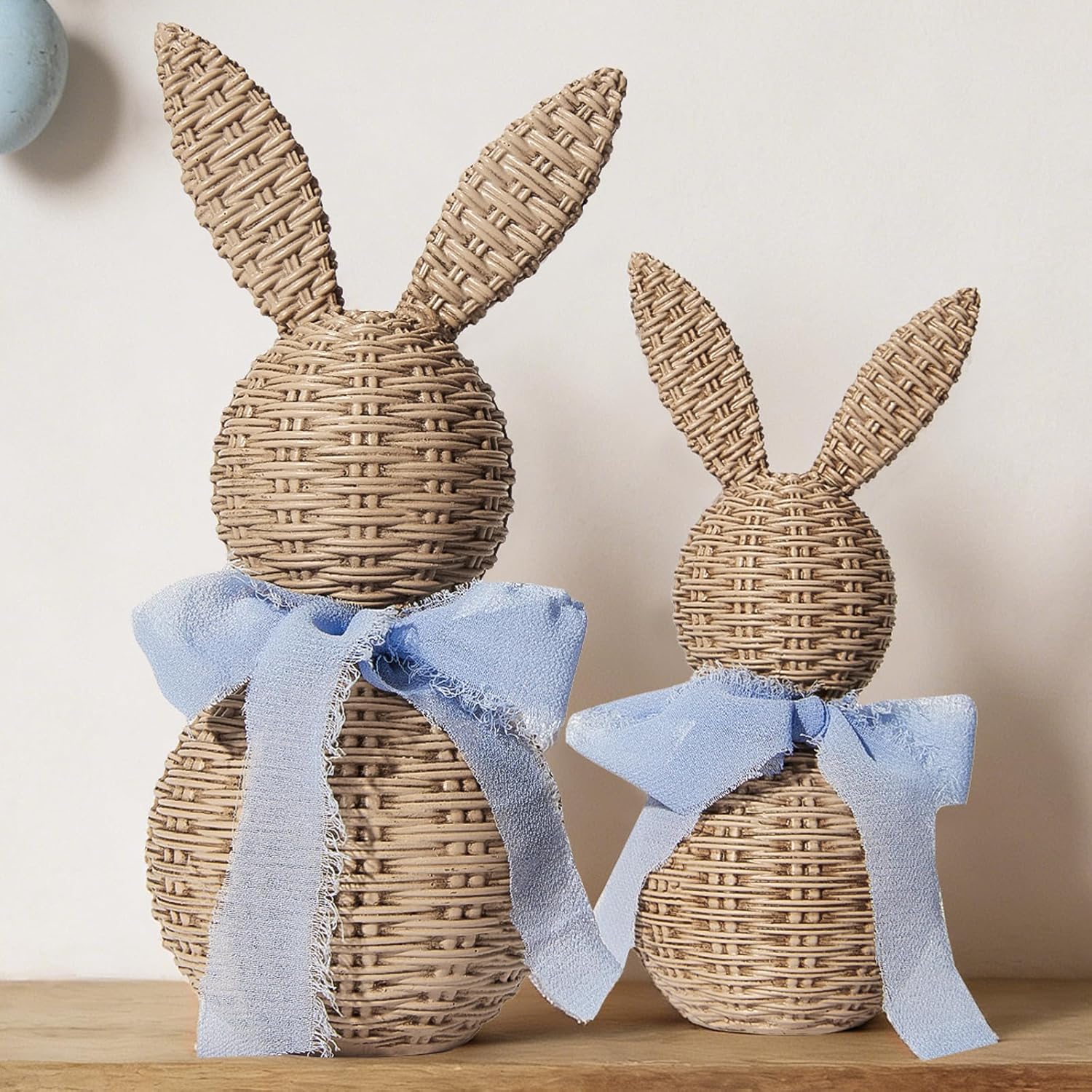

Rattan Woven Bunny Figurine Set Wicker Look Rabbit Sculpture with Green Ribbon Spring Easter Bunny Ornament for Home Shelf Decor синий