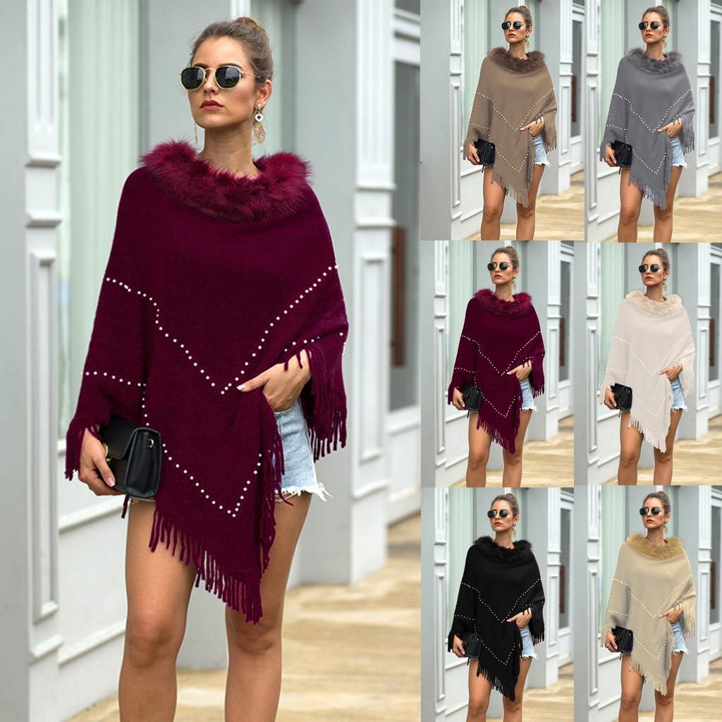 Women Winter Knitted Cashmere Capes Shawl Cardigans Sweater Coat
