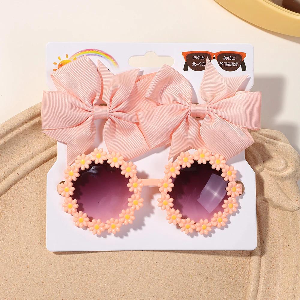3Pcs/set Cute Girl Bow Hairclips Retro Flower Sunglasses for Kids Printing Handmade Hairgripes Kids Headwear Glasses Accessories