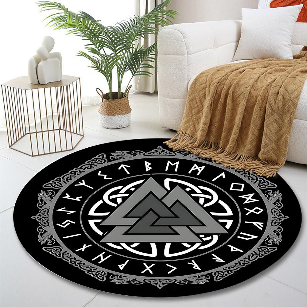 "Nordic Valknut Symbol with Runes" Print round rug, living room, bedroom, playroom carpet, non slip floor mat, gift