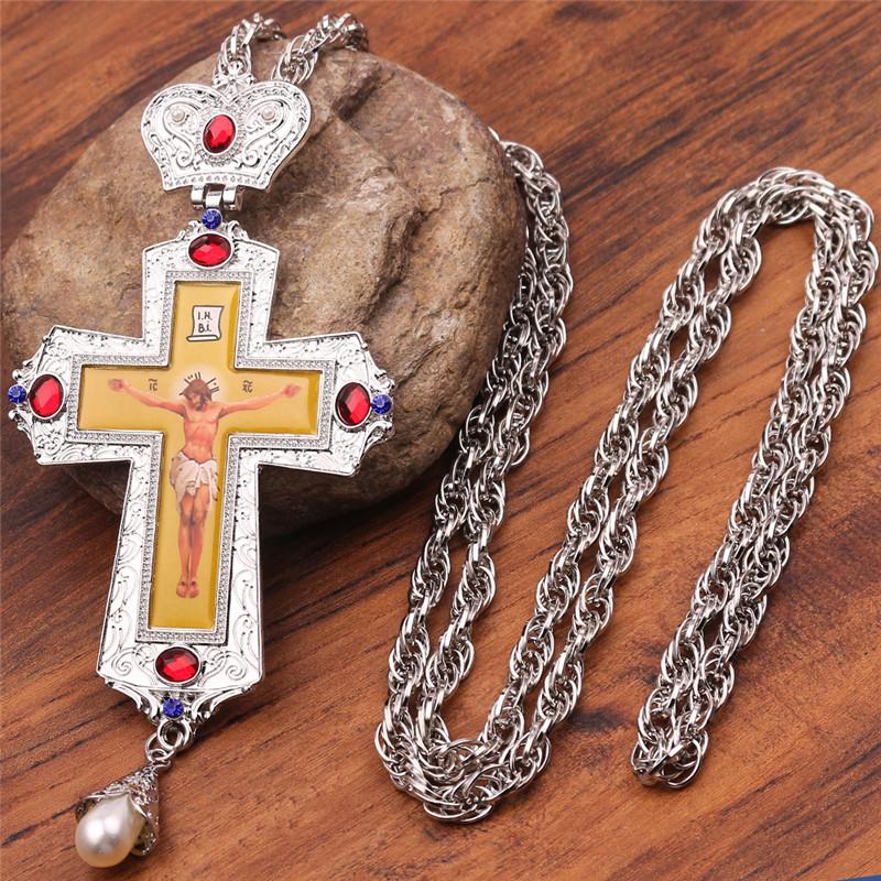 Men's Necklace Christian Orthodox Crucifix Jesus Russian Cross Prayer Big Pendant Necklace Russia Jewelry Pastor Collar