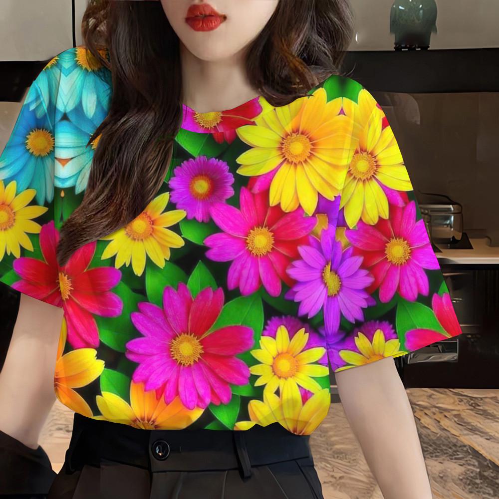 Women's clothing floral pattern top printed T-shirt short sleeved casual T-shirt street wear women's oversized