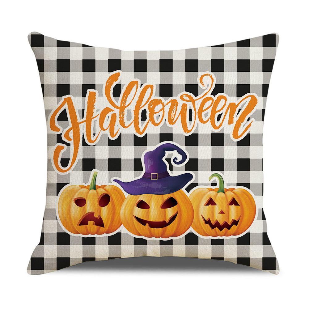 New Black and White Plaid Printed Halloween Pillowcase Orange Pumpkin Pillowcase Cushion