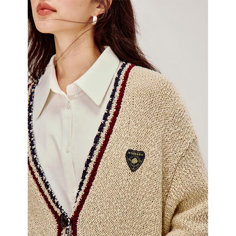 INMAN Retro Color Block Distressed V-Neck Knit Cardigan