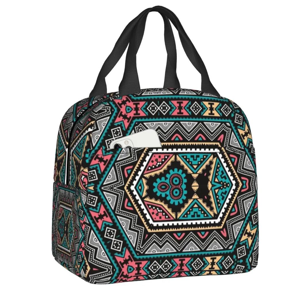 African Tribal Ankara Fabric Style Pink Thermal Insulated Lunch Bags Women Geometric Ethnic Art Portable Lunch Tote Food Box