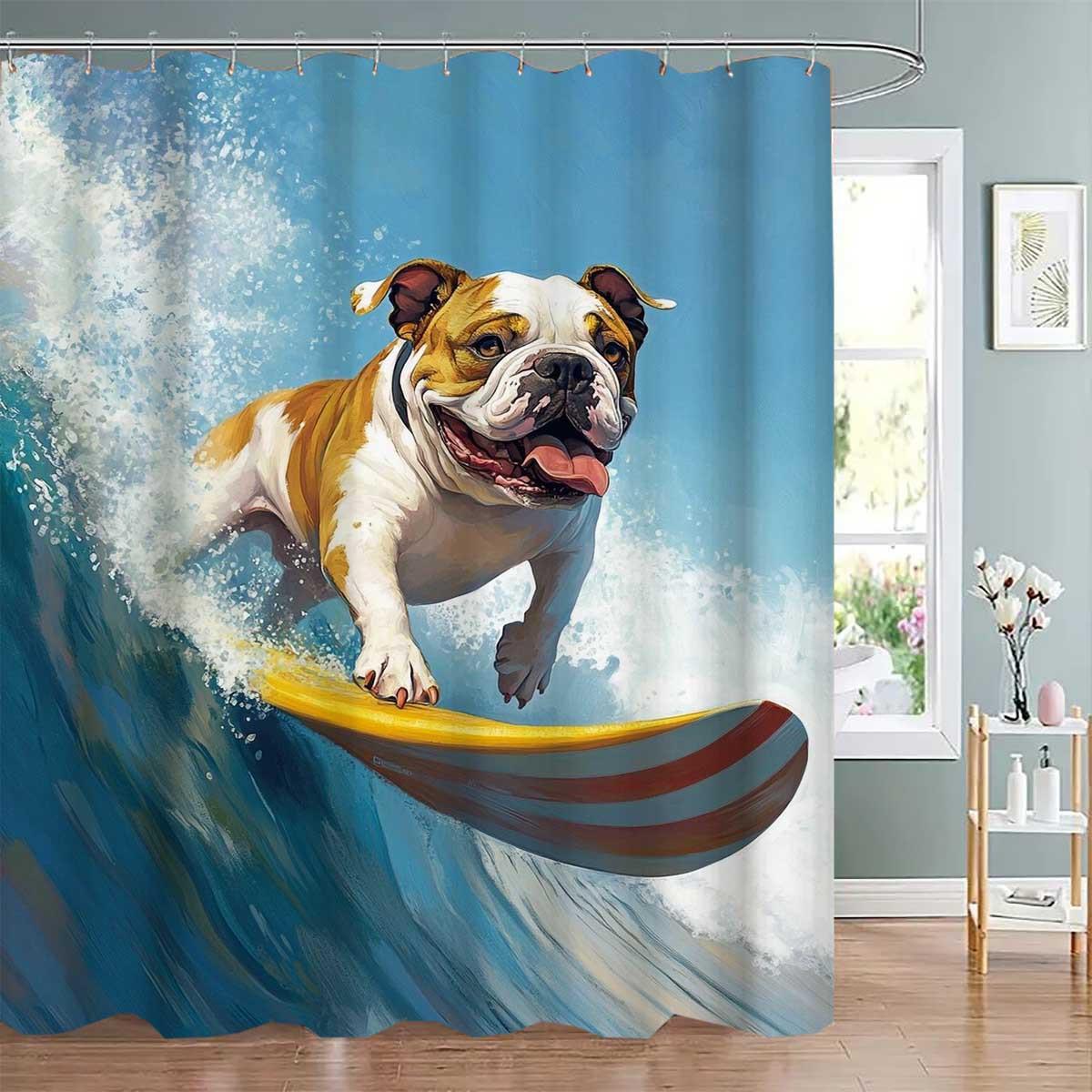 

1Pc Shower Curtain With Cute Dog Surfing In The Sea - With 12 Hooks, Machine Washable, Suitable For Bathroom Decor And Home W60H190(CM)-1 Pcs
