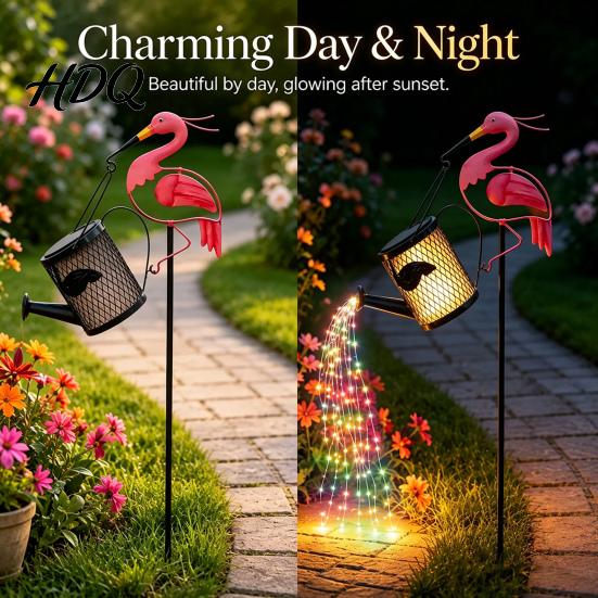 Unique Outdoor Landscape Accents Solar Flamingo Watering Can Light Powered LED Garden Waterproof Backyard Pathway Walkway Lights Light with Stake for