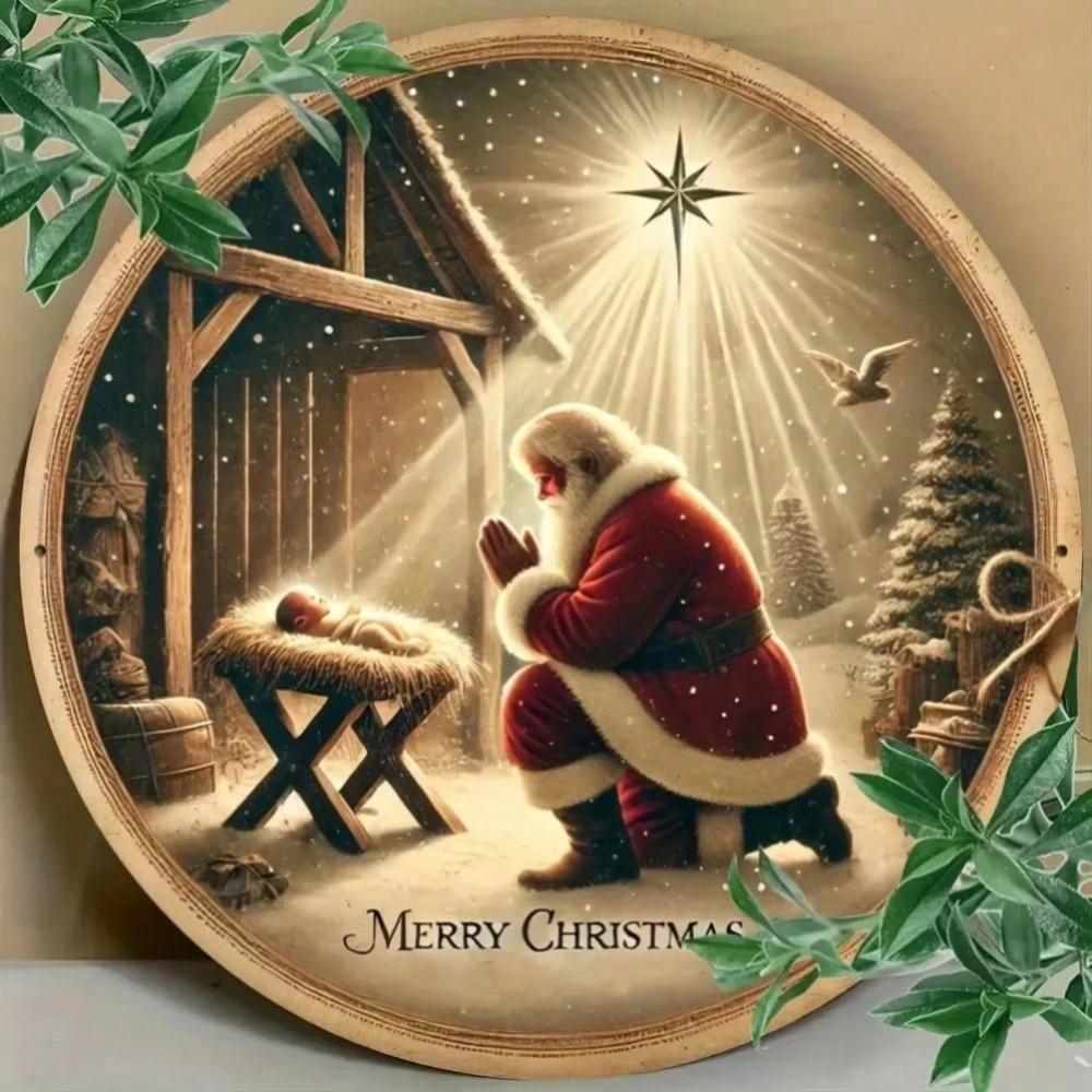 Christmas Metal Wall Art Santa Manger 2D Round Sign for Home Cafe Bar Garage Holiday Gift