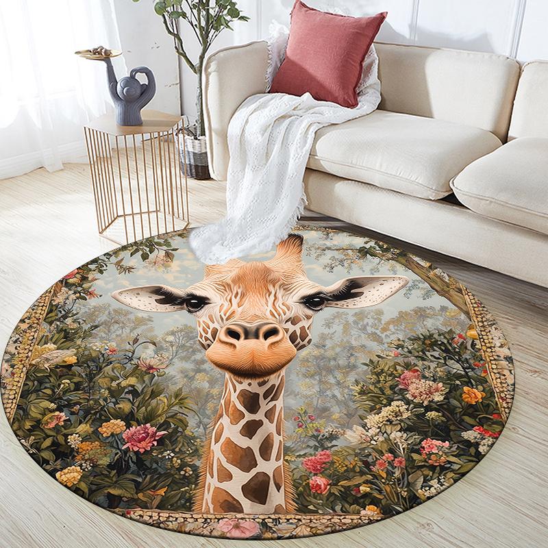 Runder Teppich mit Giraffen- und Kranzmuster, Teppich für Wohnzimmer, Schlafzimmer, Sofa, Spielzimmer-Dekor, Rutschfeste Bodenmatte, Feiertagsgeschenke und Geburtstagsgeschenke