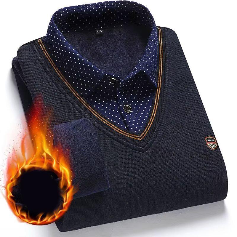 Men's Plush Sweater Autumn Winter Fake Two Piece Pullover Polo Shirt Collar Fleece Thick Warm Top Clothes Casual Jumpers