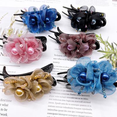 New Fashionable Korean Silk Floral Duckbill Clip for Women Retro Temperament Pearl Back Head Hair Clip Hair Accessories Gift