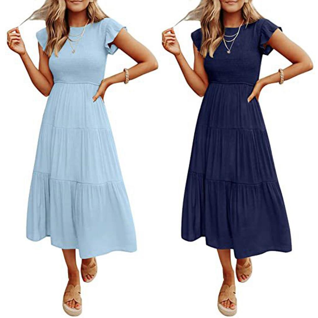 Mode Damen Freizeitkleid Mittellang Boho Schmetterlingsärmel A-Linie Langes Kleid