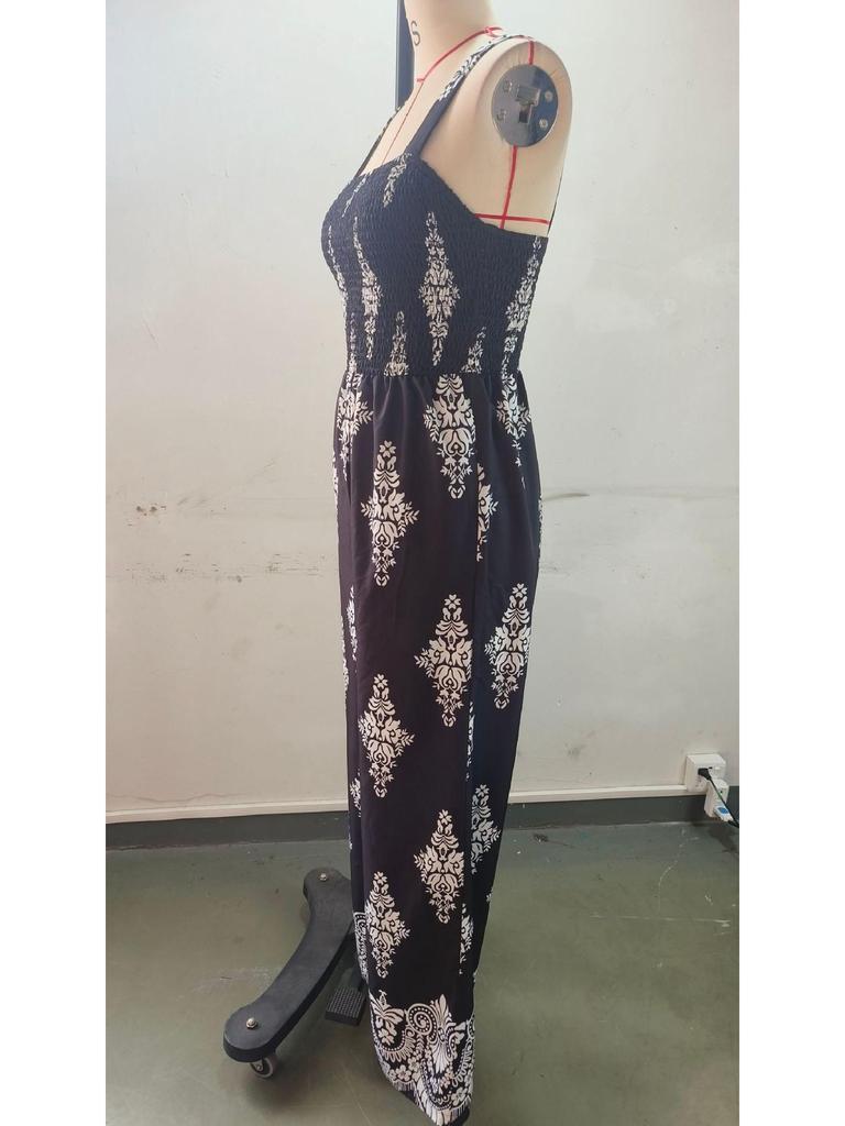 2026 Sommer Damen Jumpsuit mit Aufdruck, Trägern, Tasche, gerafftem Oberteil und weitem Bein