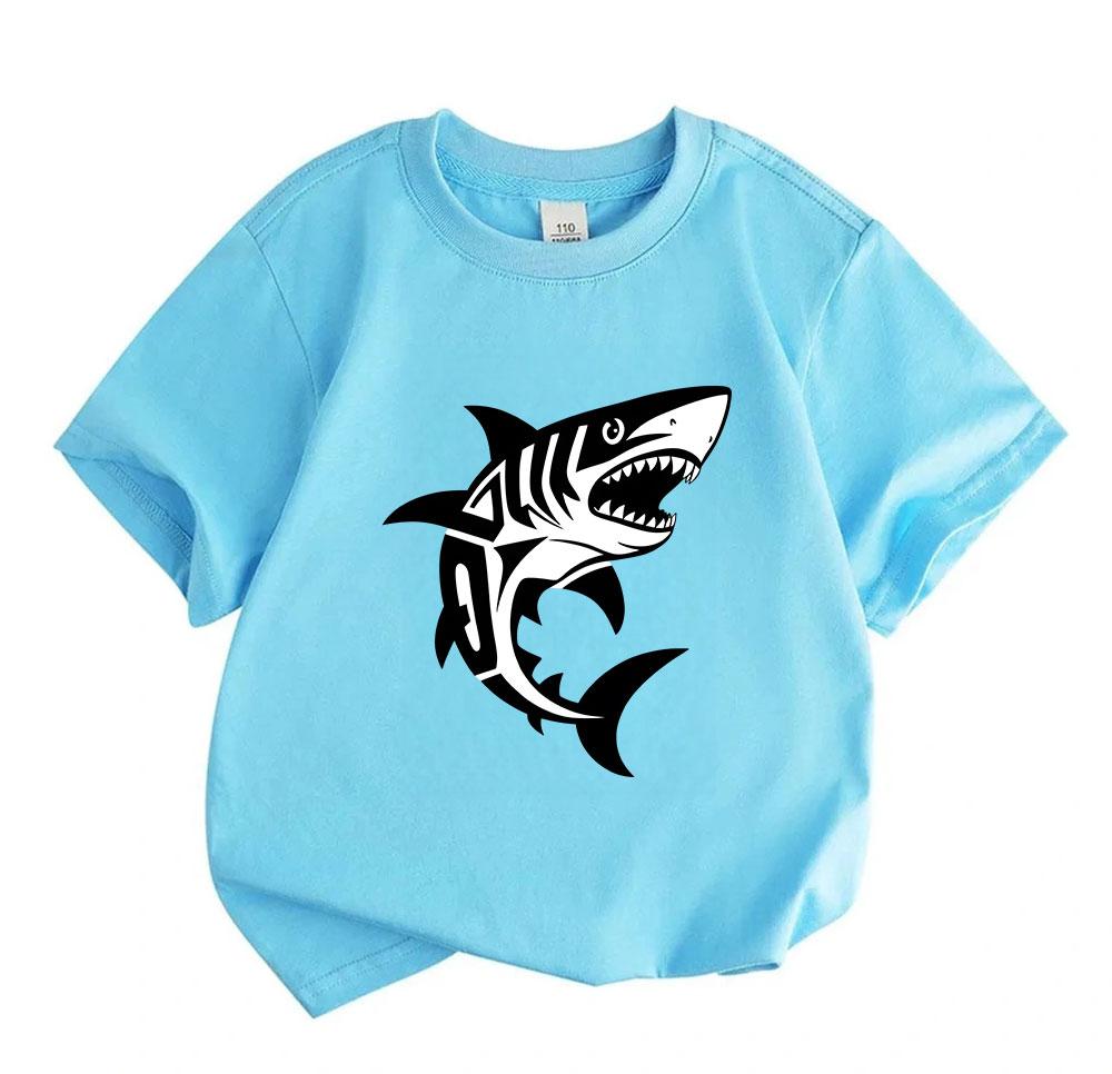 Kids Boys Girls 100% Cotton Crew Neck Short Sleeve T-Shirt, Cool Tribal Style Great White Shark Print Casual Summer Tees for Little Children Daily Wea
