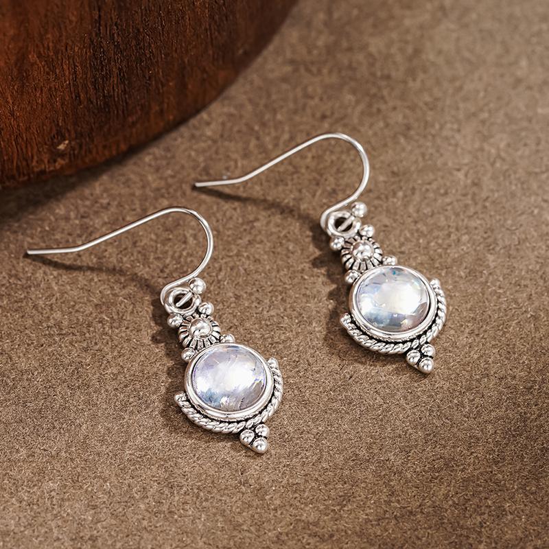 Huitan Aesthetic Imitation Moonstone Dangle Earrings for Women Bohemia Style Flower Earrings Anti Silver Color Vintage