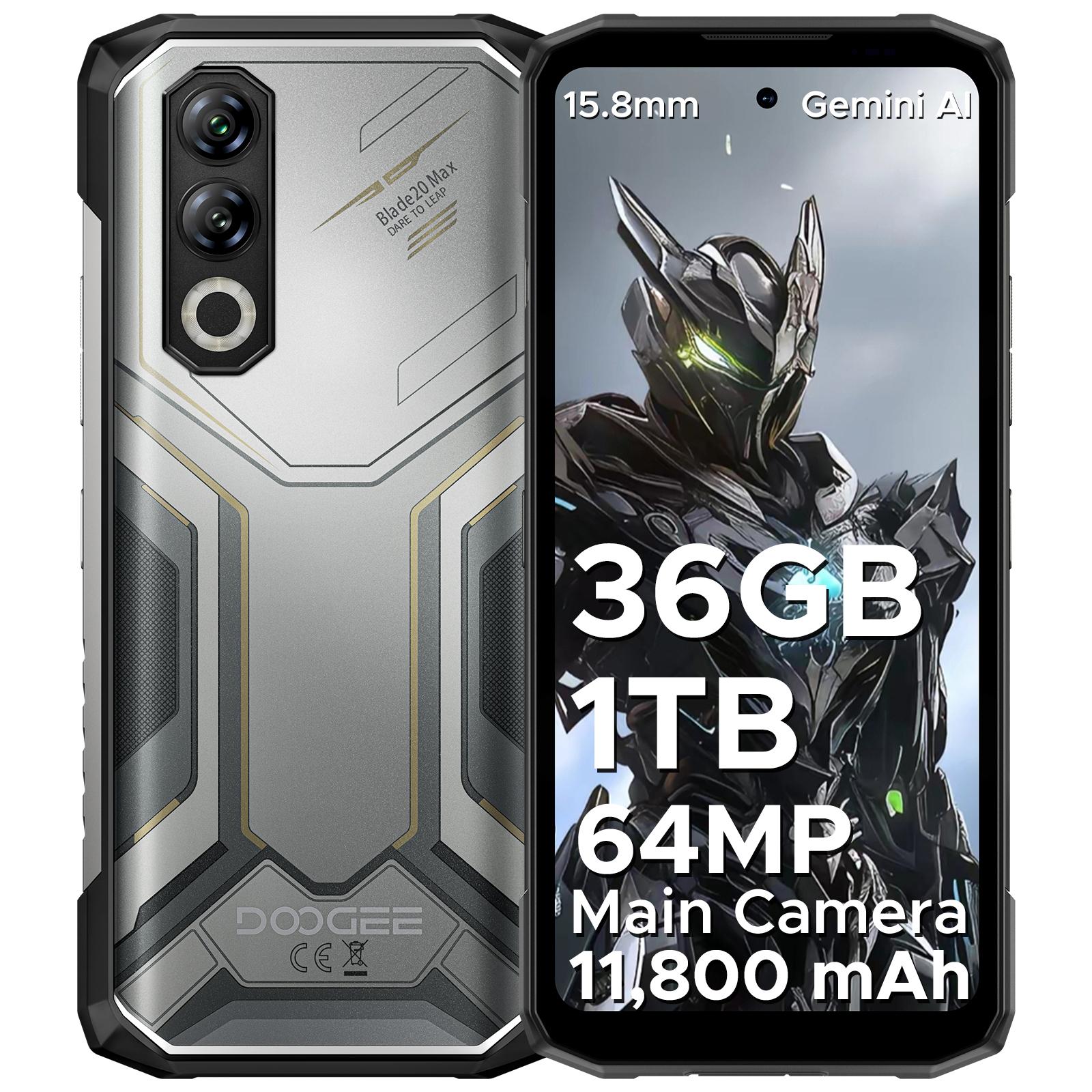 DOOGEE Blade 20 Max Android 15 Robustes Smartphone, 36 GB + 1 TB ROM/TF 2 TB, 11800 mAh/33 W, 6,6 Zoll 120 Hz + 64 MP, 3-Karten-Steckplatz/4G SIM/NFC/GPS/Gesichtserkennung silber