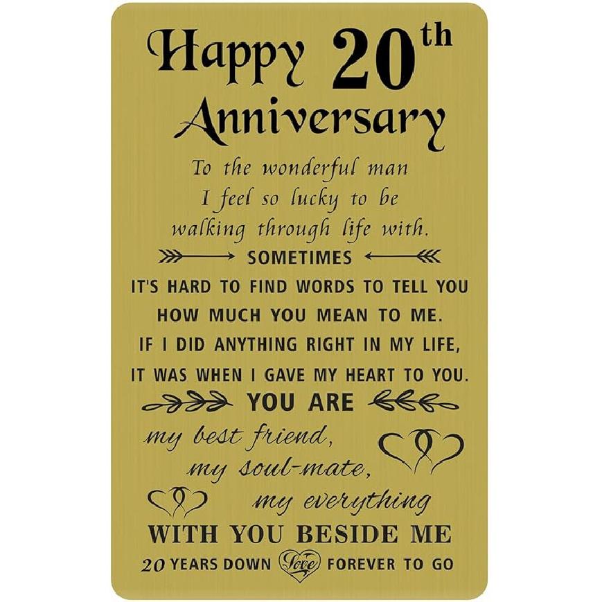 TANWIH Happy 20th Wedding Anniversary Card Gifts for Him Husband, 20 Year Anniversary Cards Gift for Men, Engraved Metal Wallet Insert