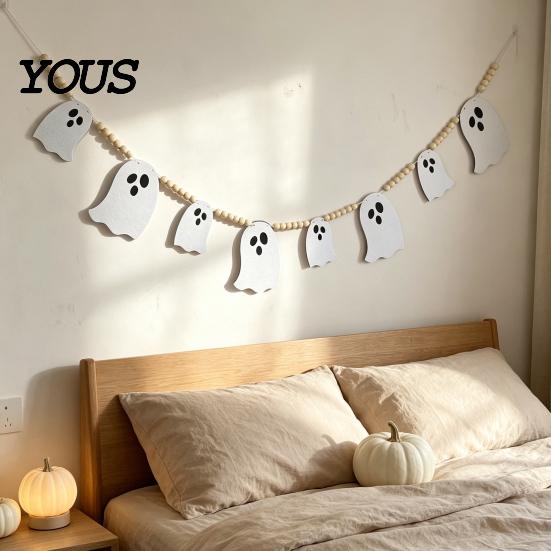 Ghost Halloween Garland 2 Pcs 7.5FT Garland, Felt Pumpkin Bat Skull with Banner Decoration Wood Beads, Party Hanging for Fireplace Doorway Indoor