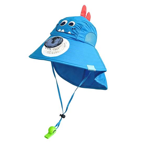 Kids Sun Cap with Built-in Solar Fan, Wide Brim Sun Protection Cooling Hat, Breathable Mesh Fabric Summer Hat with Cartoon Pattern, Shawl Design