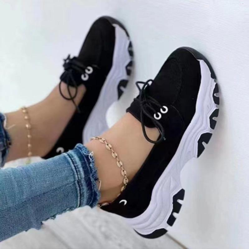 Women's Flat Lace-Up Thick-Soled Low-Top Round-Toe Casual Sports Shoes, Versatile Footwear, Available In Large Sizes.